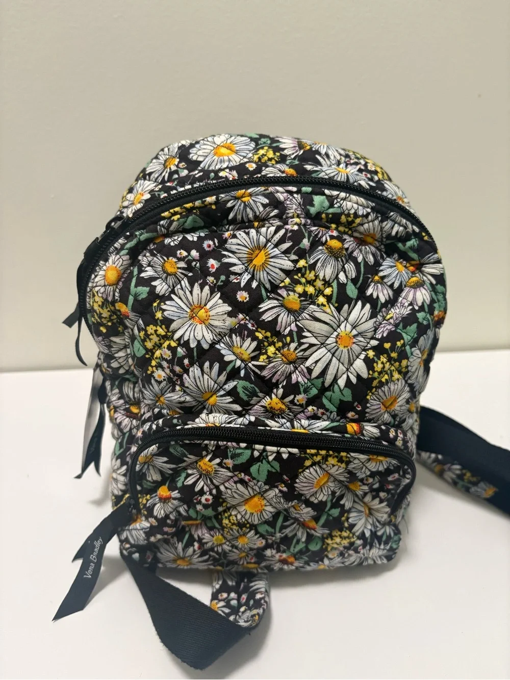 Vera Bradley Black Floral Quilted Mini Backpack with White Daisies